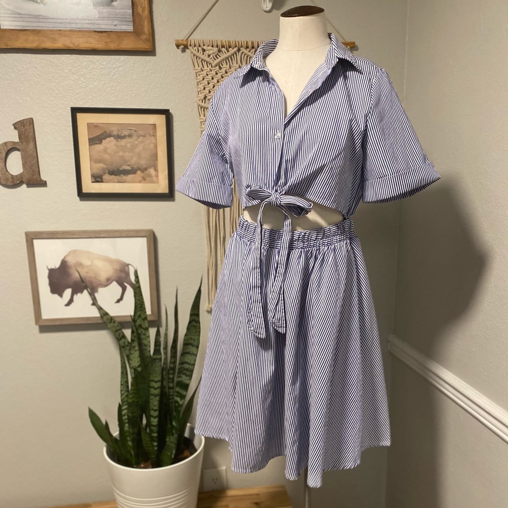 HP3/8 Striped Button Down Dress w/ Cutout at Waist